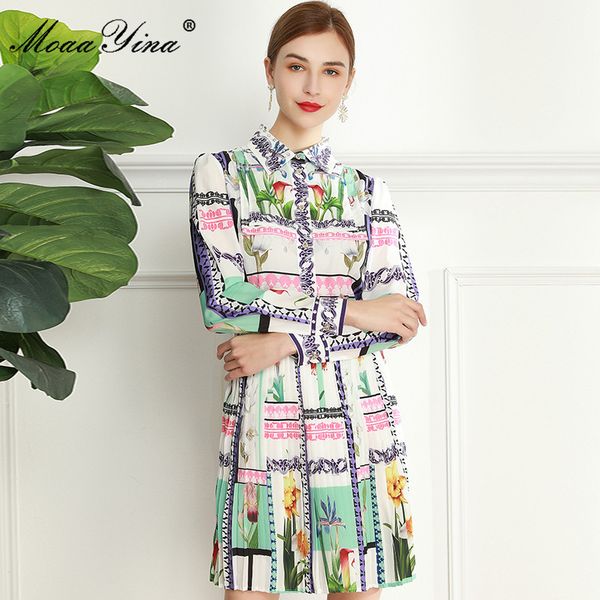

fashion designer dress spring women's dress long sleeve floral print crystal vacation pleated dresses 210524, Black;gray