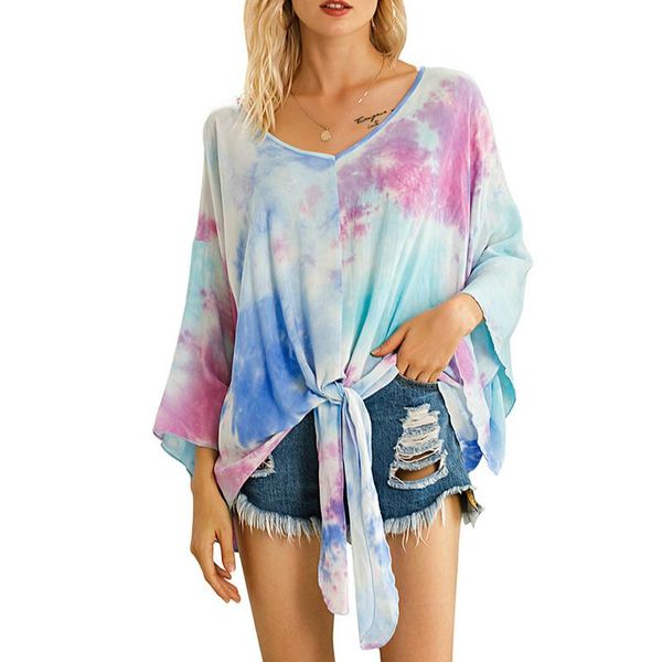 

women's blouses & shirts 2021 women fashion batswing sleeve tie-dye printed gradient plus size v-neck loose knotted shirt lady cotton, White