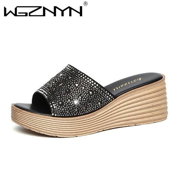 

slippers casual platform wedges women fashion summer gold high heels slides shoes woman open head beach sandalias mujer, Black