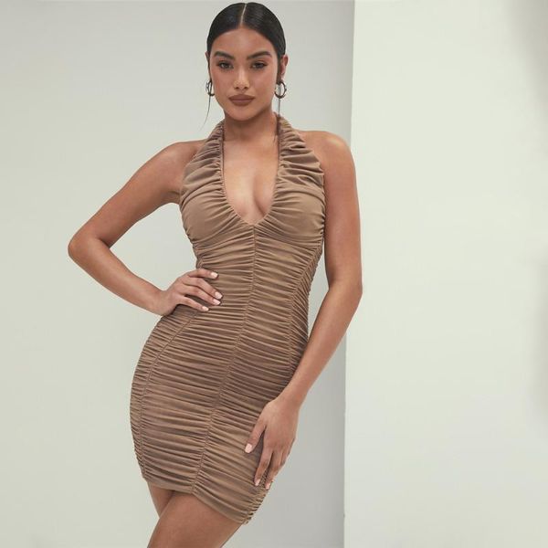 

casual dresses 2021 fashion women halter hanging neck backless solid color pleated slim hip nightclub party dress female elegant gowns, Black;gray