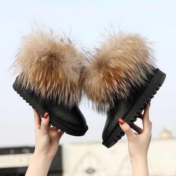 

boots winter ladies snow real fur short cute fluffy female shoes for women fashion plush non-slip, Black
