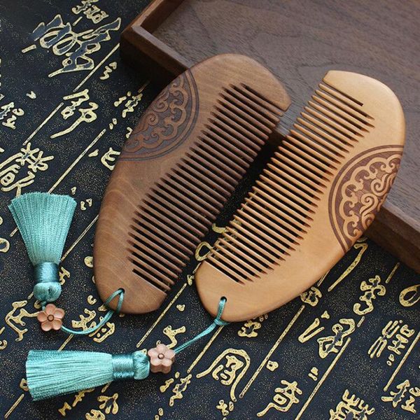 

vintage carved wood comb professional sandalwood hair loss massage brush anti-static care healthy wooden brushes, Silver