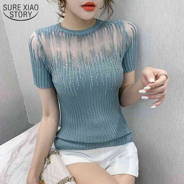 

summer korean clothes knitted shirt short sleeve elastic tees ropa mujer diamonds transparent women 10059 210415, White