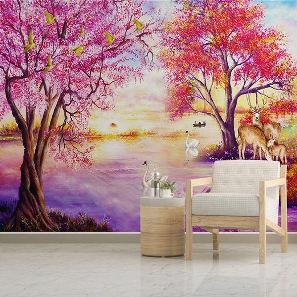 

wallpapers custom wall mural home decor wallpaper european style oil painting forest tree elk swan lake po picture living room bedroom