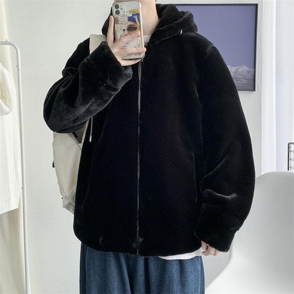 

men's jackets neploha 2021 winter solid color casual jacket streetwear loose imitation mink coat vantage hooded neutral male, Black;brown