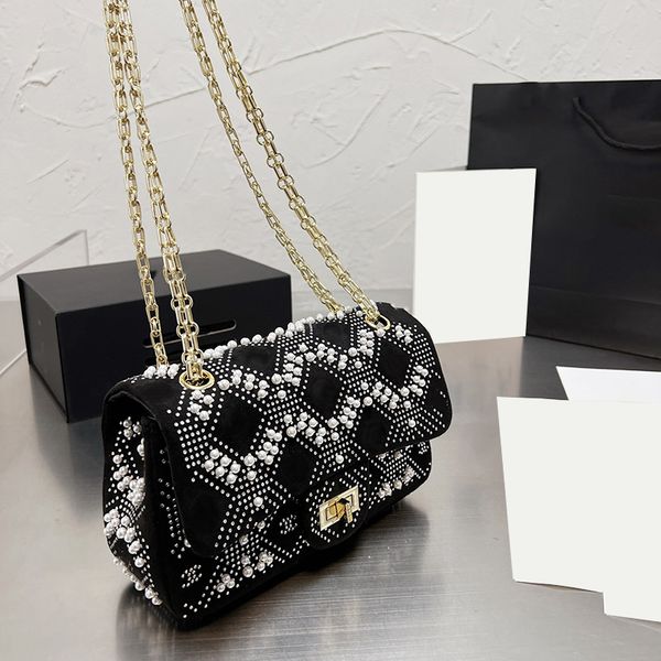 

womens 2.55 rhinestone pearl inlay beads bags classic flap squar gold metal quilted chain cross body shoulder famous luxury designer outdoor