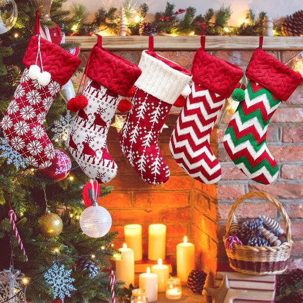 

christmas decorations knitted socks yarn red and white elk gift bag children family xmas