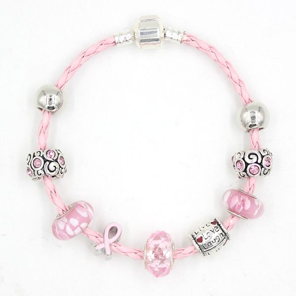 

women jewelry wholesale 2021 breast cancer bracelet pink ribbon awareness bracelets flower pattern lampwork glass beads bangle pulsera, Golden;silver