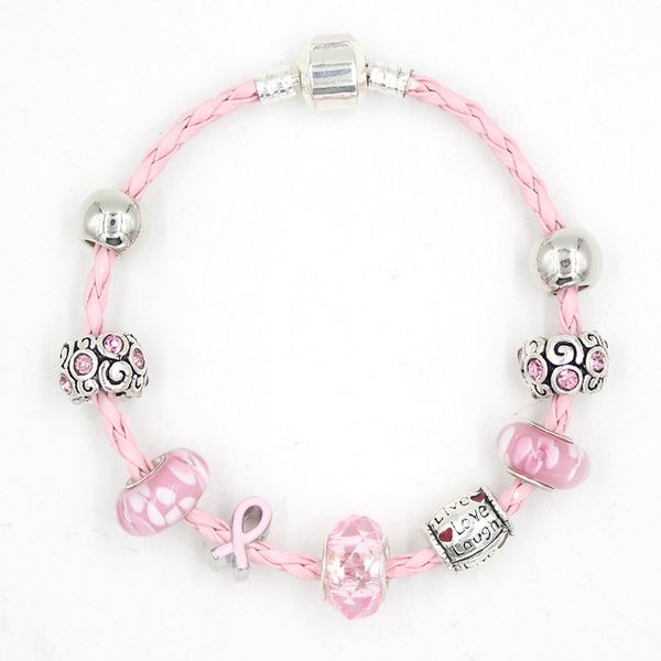 Commercio all'ingrosso di gioielli da donna 2021 Braccialetto per il cancro al seno Braccialetti di consapevolezza del nastro rosa Modello di fiore Lampwork Perle di vetro Braccialetto Pulsera