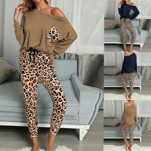 

women's two piece pants autumn and winter home leopard print long sleeve trousers two-piece set fashion casual designer women home, White