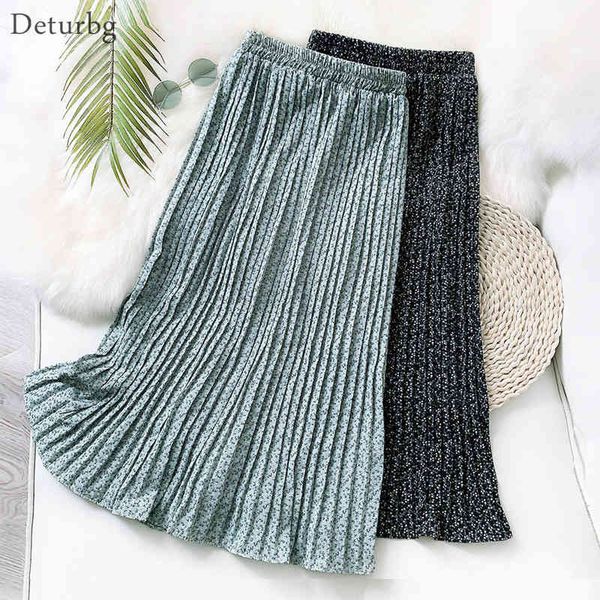 

casual dresses women's elegant ditsy florals chiffon skirt with liner korean vintage high waist pleated black midi skirts 2021 spr, Black;gray