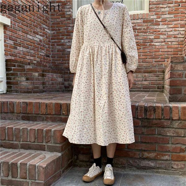 

gaganight fashion sweet women floral maxi dress long sleeve o neck casual loose chic dresses female a line pleated vestidos 210519, Black;gray