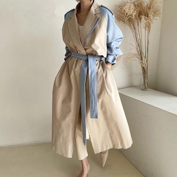 

women's trench coats korean fashion autumn clothing womens lapel collar long sleeve belt casual loose for females 2021 style, Tan;black