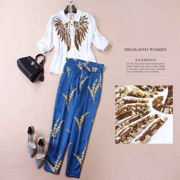 

pants women 2 pieces set arrival american and european fashion runway white sequined shirt + print pants lady suit s-xl