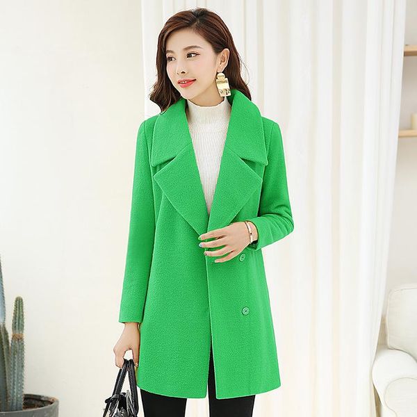 

women's wool & blends fashion covered button women long woolen coat solid pockets jacket slim turn-down collar cashmere and, Black