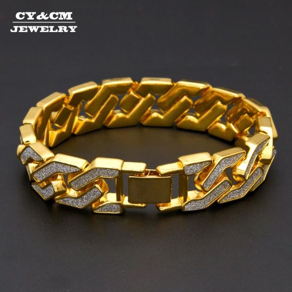 

link, chain sand blast bracelets cuban link alloy iced out hip hop gold silver tone heavy 16mm mens bling bracelet for men women 8.6", Black