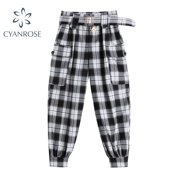 

plaid harem pants korean chic high waist belt stylish pocket pencil trousers vintage casual office lady baggy ulzzang 210430, Black;white
