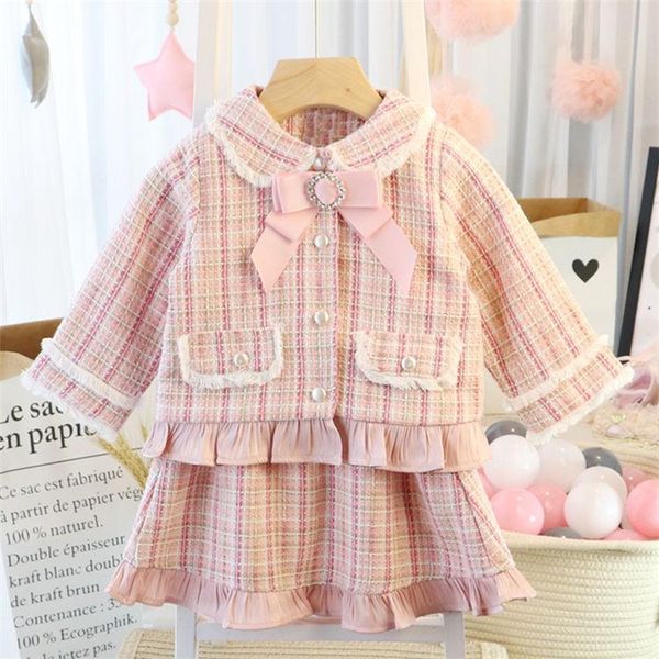 

clothing sets baby girls fashion set classic plaid lace jackets+skirts kids toddlers spring autumn winter elegant suits child clothes, White