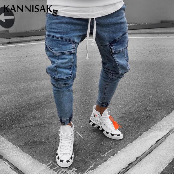 

men's jeans kannisak brand mens ripped hole zipper skinny slim fit male denim pants pockets elastic feet cargo blue pencil
