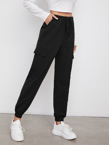 

flap pocket solid cargo pants j6tf#, Black;white