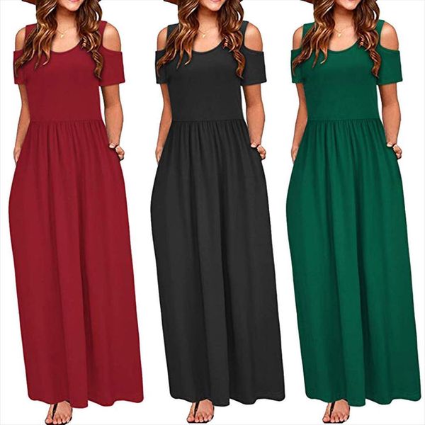 

solid color summer cold womens dress shoulder elegant long clothing harajuku sundress traf robe femme, Black;gray