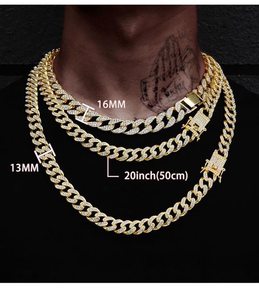 

chains miami curb cuban chain necklace woman 16mm gold color iced out paved rhinestones rapper link necklaces men hiphop jewelry, Silver