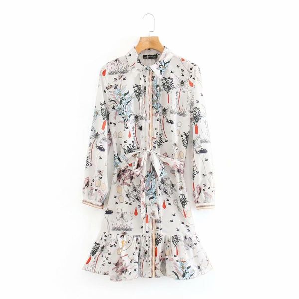 

women fashion flower print bow sashes shirt dress chic female long sleeve hem ruffles vestidos casual button dresses ds3823 210419, Black;gray