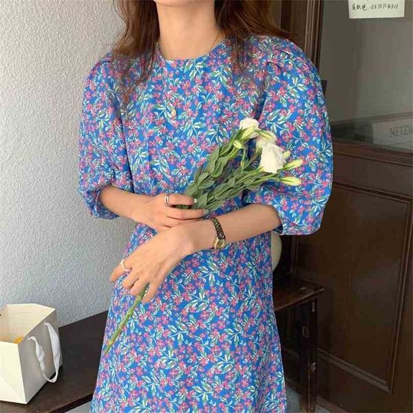 

blue printed chiffon thin casual florals chic lady short sleeves summer femme loose long sundress vestidos 210525, Black;gray