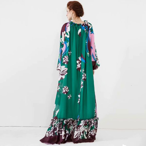 

dress seqinyy green mantle 2021 summer fashion design feminine sharing long sleeve flower print loose maxi chiffon, Black;gray