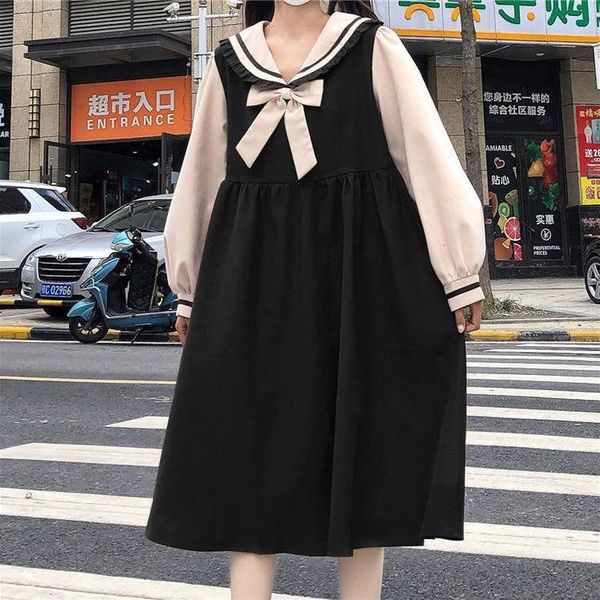 

casual dresses japanese style kawaii sailor collar long sleeve dress 2021 autumn sweet lolita ruffle college student women clothes soft, Black;gray