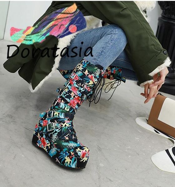

boots doratasia ins design women colorful buckle lace up mid calf thick bottome flower stylish casual shoes, Black