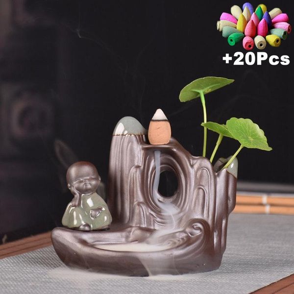 

fragrance lamps +20incense zen monk feng shui home decorations rockery waterfall backflow incense burner multi-function deskashtray and