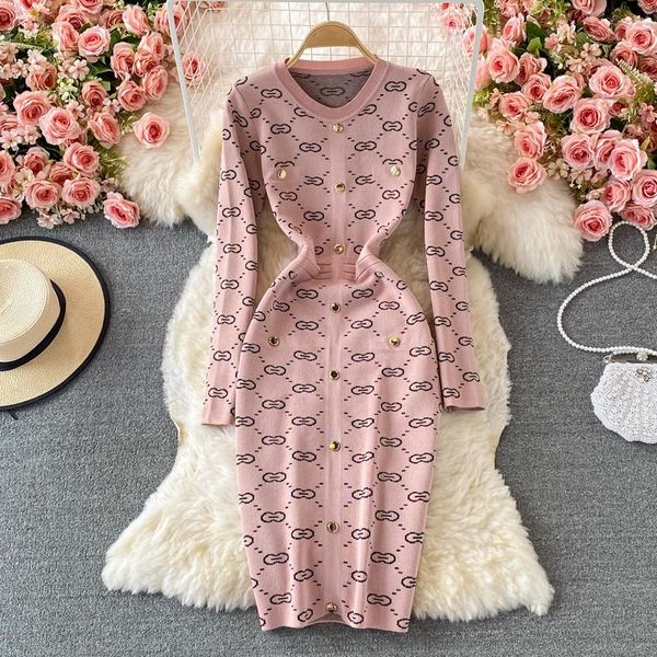 

casual dresses o-neck elastic knitted dress 2021 autumn winter celebrity tight buttock sweater bottomed, Black;gray