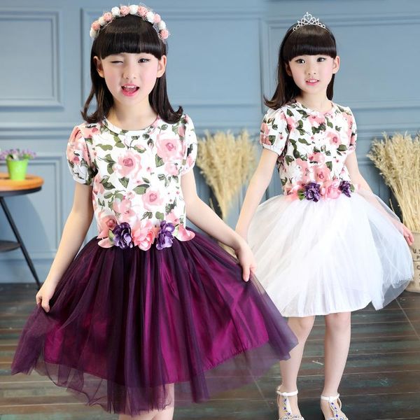 

girl's dresses 2021 summer girl children clothing short sleeve foral print princess dress girls clothes sweet kids age 3-15y, Red;yellow