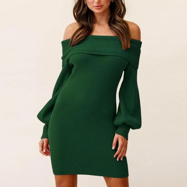 

casual dresses mini dress long sleeve elastic waist ribbing off shoulder lantern sleeves autumn knitted women for office, Black;gray