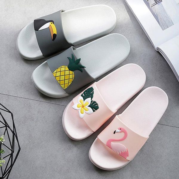 

slippers summer women slide sandals beach slides cute flamingo leaves non-slip soft sole men couple home outdoor shoes, Black
