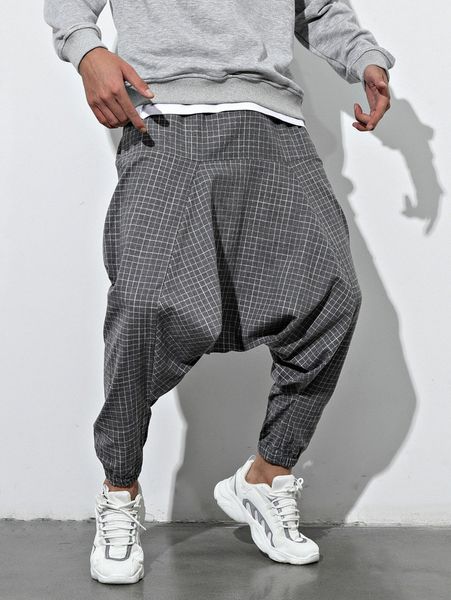 

men plaid print drop crotch pants 78hw#, Black