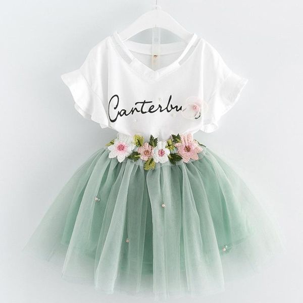 

girls dresses 2021 brand kids clothes butterfly sleeve letter t-shirt floral voile dress 2pcs for clothing sets children, White