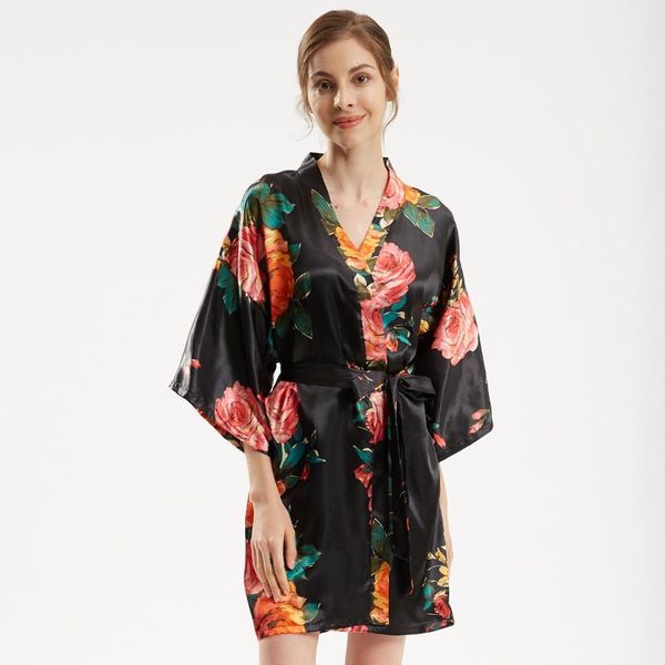 

satin sleepwear kimono bathrobe oversize long nightgown print floral women wedding robe gown rayon casual intimate lingerie women's, Black;red