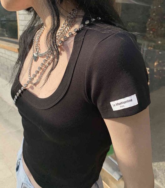 

exposed clavicle short-sleeved labeling bottoming shirt short u-neck t-shirt solid color tight-fitting high-waist crop 210429, Black