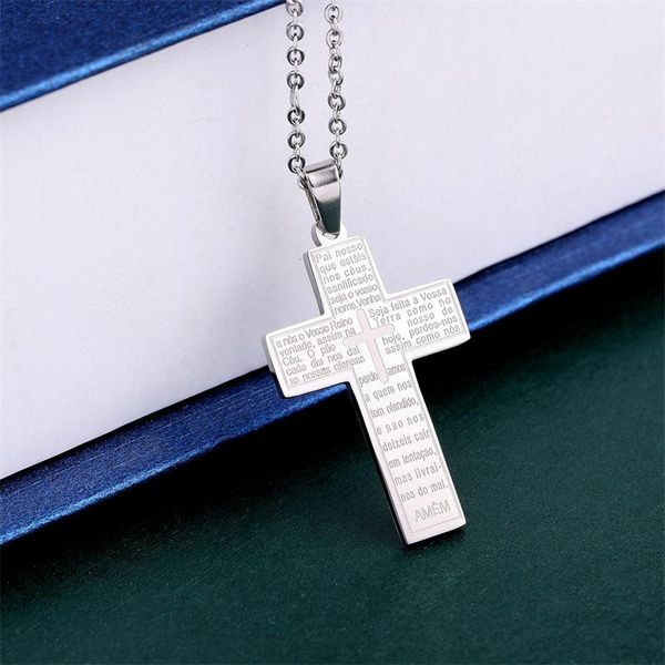 

pendant necklaces retro christian jesus single titanium scripture cross necklace men boys stainless steel bible chain, Silver