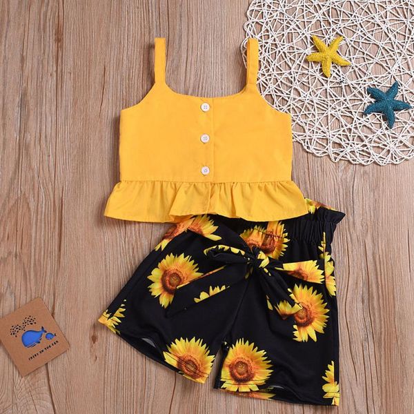 

born baby girls outfits sets toddler sleeveless ruffles solid vest +sunflower shorts girl clothing, White