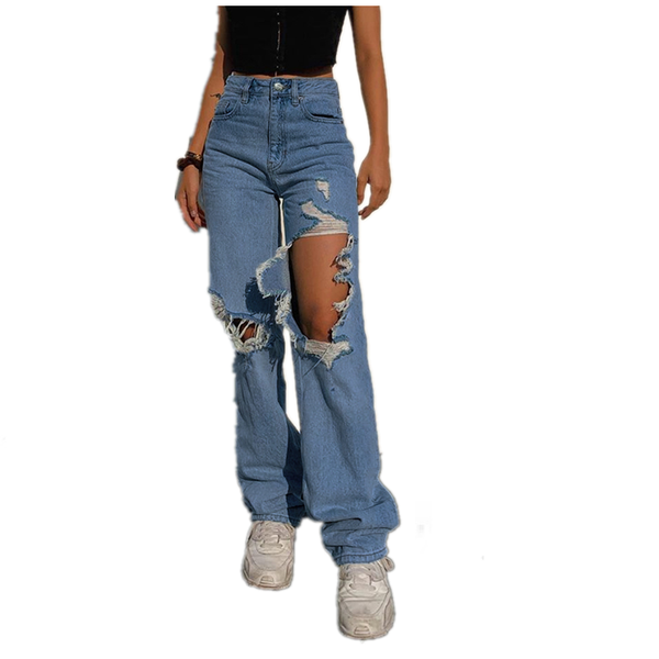 

summer ladies casual streetwear ripped hole high waist jeans women pants straight denim vintage capris bottom skinny women's, Blue