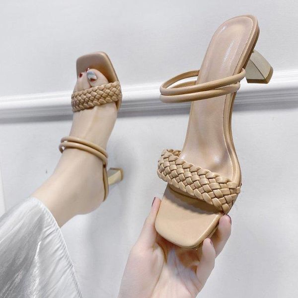 

thin heels med shoes peep toe ladies' slippers slipers women 2021 spring rome scandals pu rubber slides basic fabric, Black