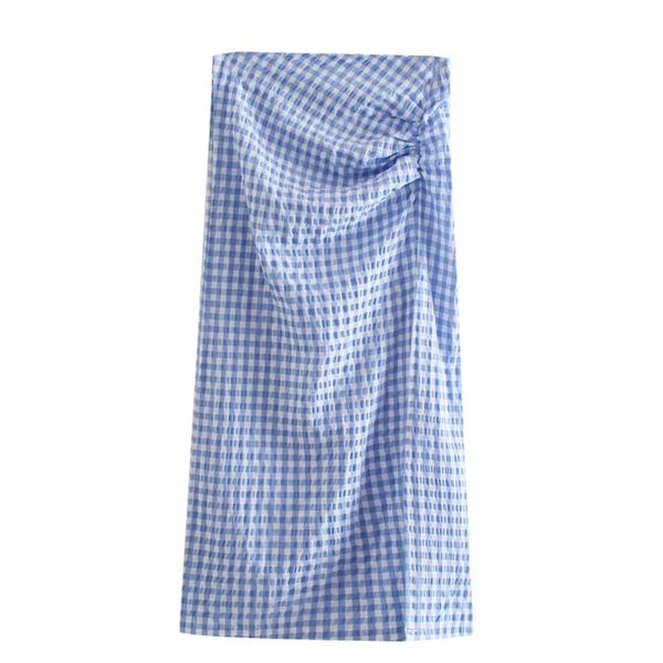 

summer women pleated decoration side slit plaid midi skirt casual female loose clothes p2057 210430, Black