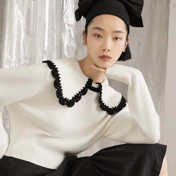 

doll took collar sweater woman long-sleeved sweater loose han edition sweet autumn fund 210522, White;black