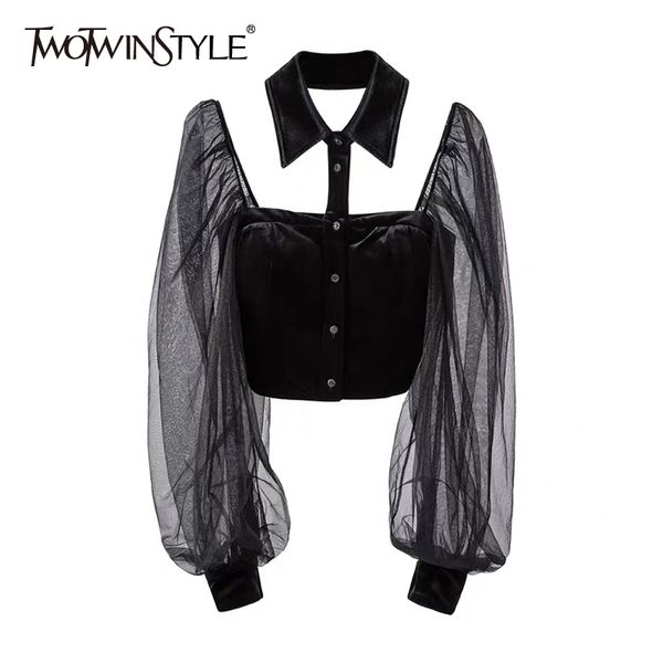 TwotWinstyle Kadınlar için Siyah Bluz See See Lapel Puf Uzun Kollu Rahat Kısa Gömlek Kadın Moda Giyim 210517