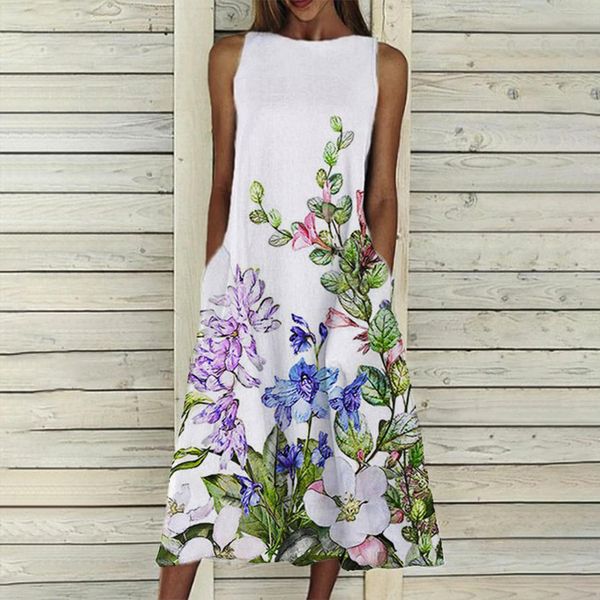 

flower print elegant sleeveless women dresses pocket o neck retro long robe boheme femme maxi for party, Black;gray
