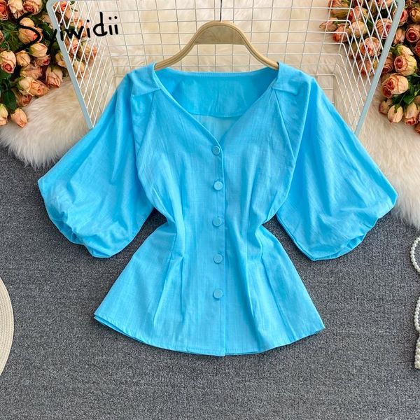 

women's blouses & shirts syiwidii women summer 2021 korean fashion short lantern sleeve v neck button up slim blue white black