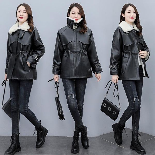 

women's leather & faux autumn and winter plush padded pu coat lamb wool motorcycle clothing all-match imitation jacket, Black